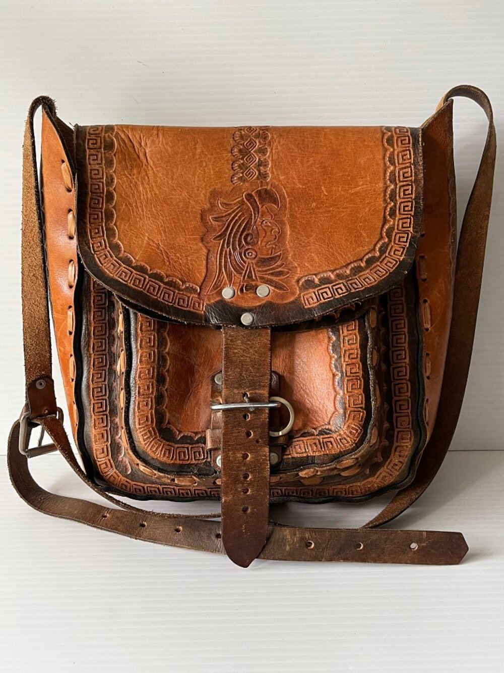 Vtg Mexican Hand Tooled Leather Crossbody Bag Aztec Sun Stone Warrior Saddle Bag